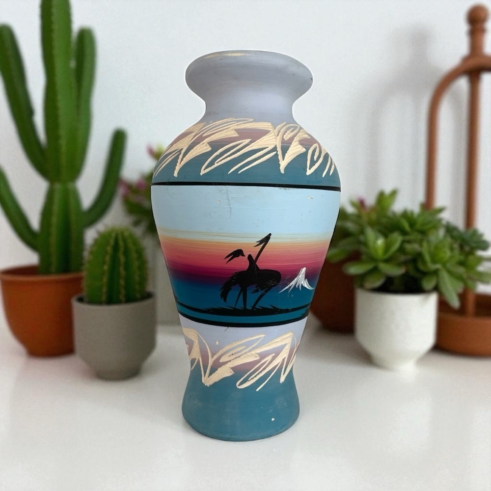 Vintage Navajo vase, pastel painted with etched,signed, no chips or cracks